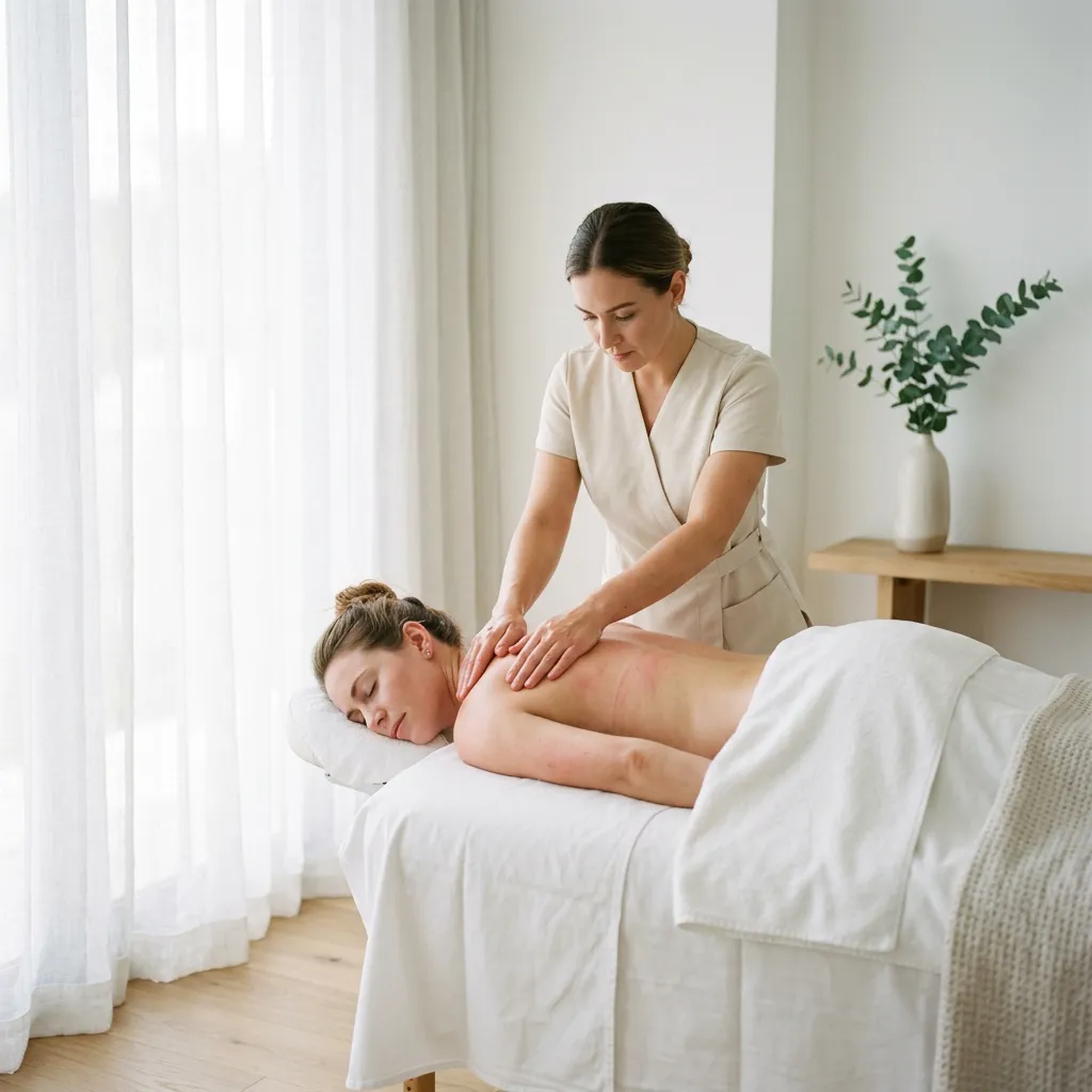Therapist treating a client's upper back during an insurance-billed massage session in Newberg